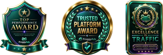 FroggyAds recognitions: Top Performance, Trusted Platform, and Excellence in Traffic awards